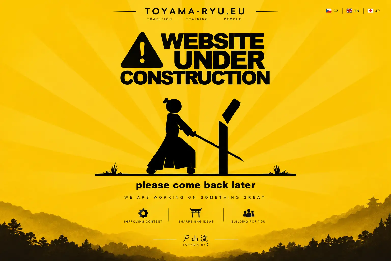 tenryukai.toyama.cz website under construction — samurai cutting a training target against a yellow Japanese-inspired landscape